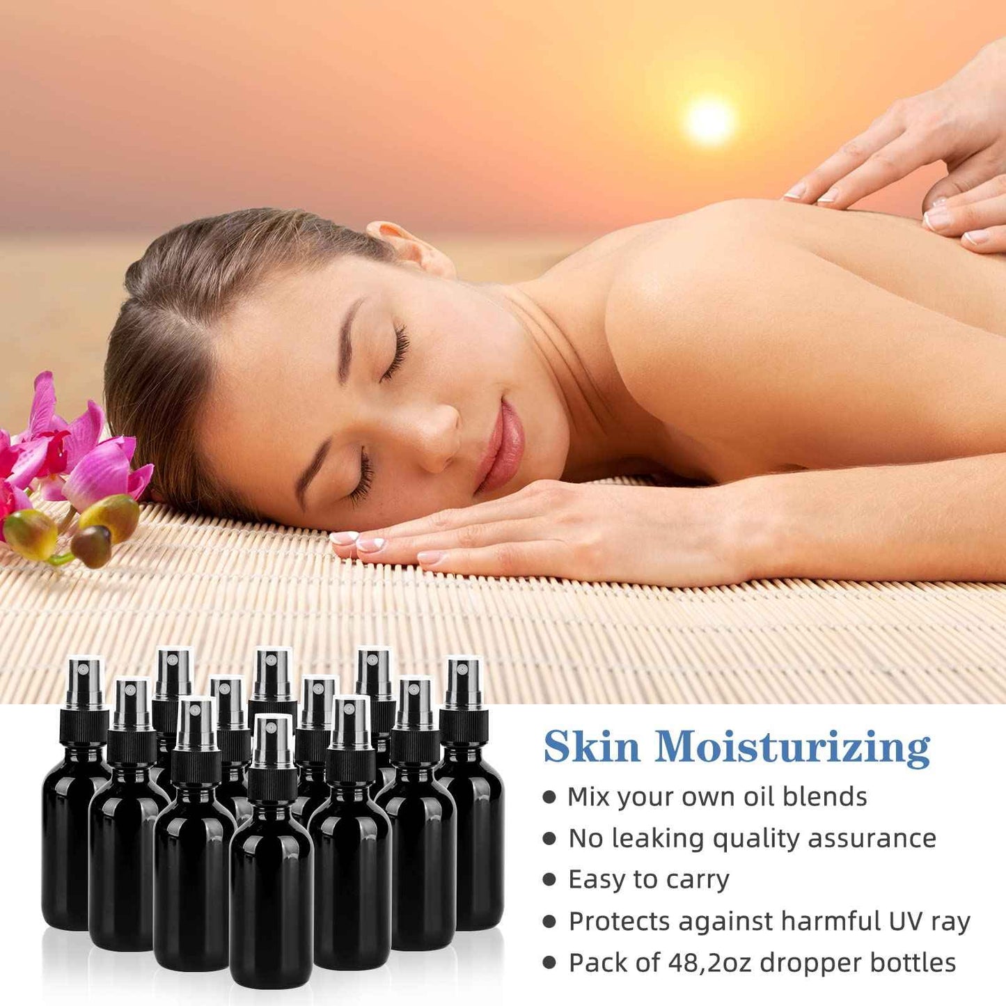 YONKAN 2oz UV Resistant Glass Spray Bottle, Fine Mist Boston Glass Bottles with Black Fine Mist Sprayer Small Clear Bottles for Essential Oils, Bath, Beauty, Hair & Cleaning, Black, Pack of 48