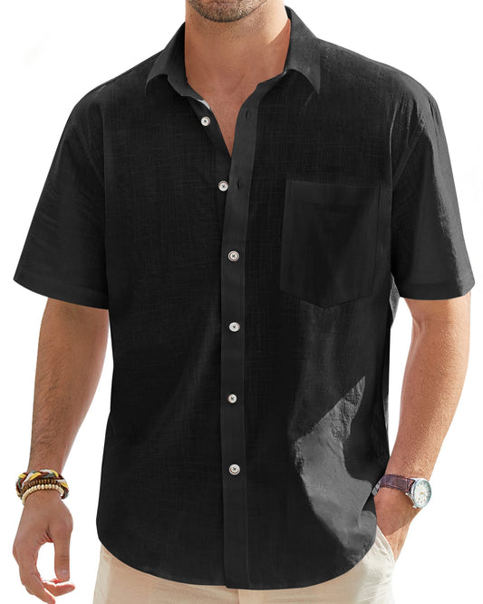 J.VER Men's Short Sleeve Linen Button Down Shirts Casual Beach Wedding Shirt with Pocket Black Small