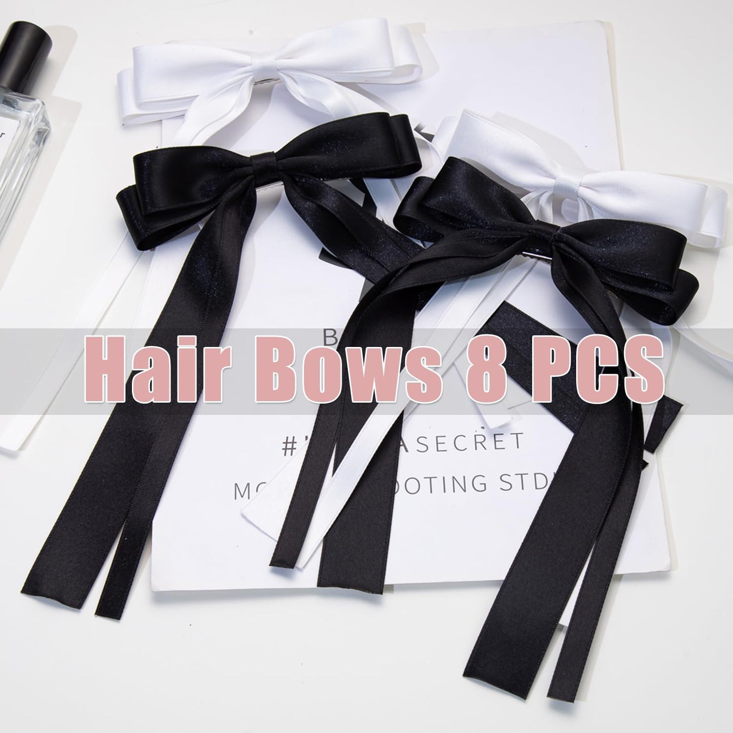 Hair Bows 8 PCS Ribbon Bow for Women,Hair Bows for Women,Hair Ribbons,Oversized Long-tail Cute Aesthetic Hair Accessories,Large Hair Barrettes for Women,Big Bows for Girls,Big Hair Bow（Black White）