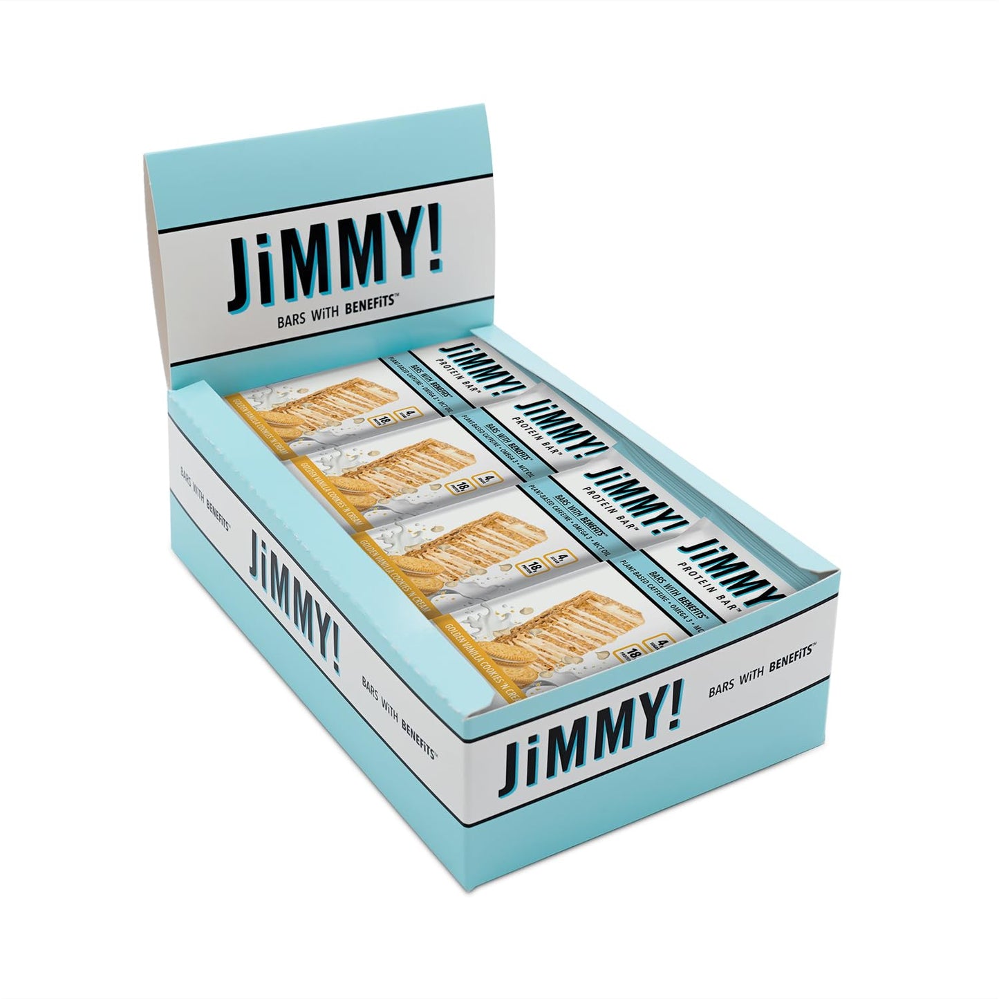 JiMMY'S! Functional Protein Bars - Golden Vanilla Cookies and Cream -12 Count | 18g High Protein, Plant-Based Caffeine & Omega 3, Low Sugar, Gluten-Free, Energy Boosting