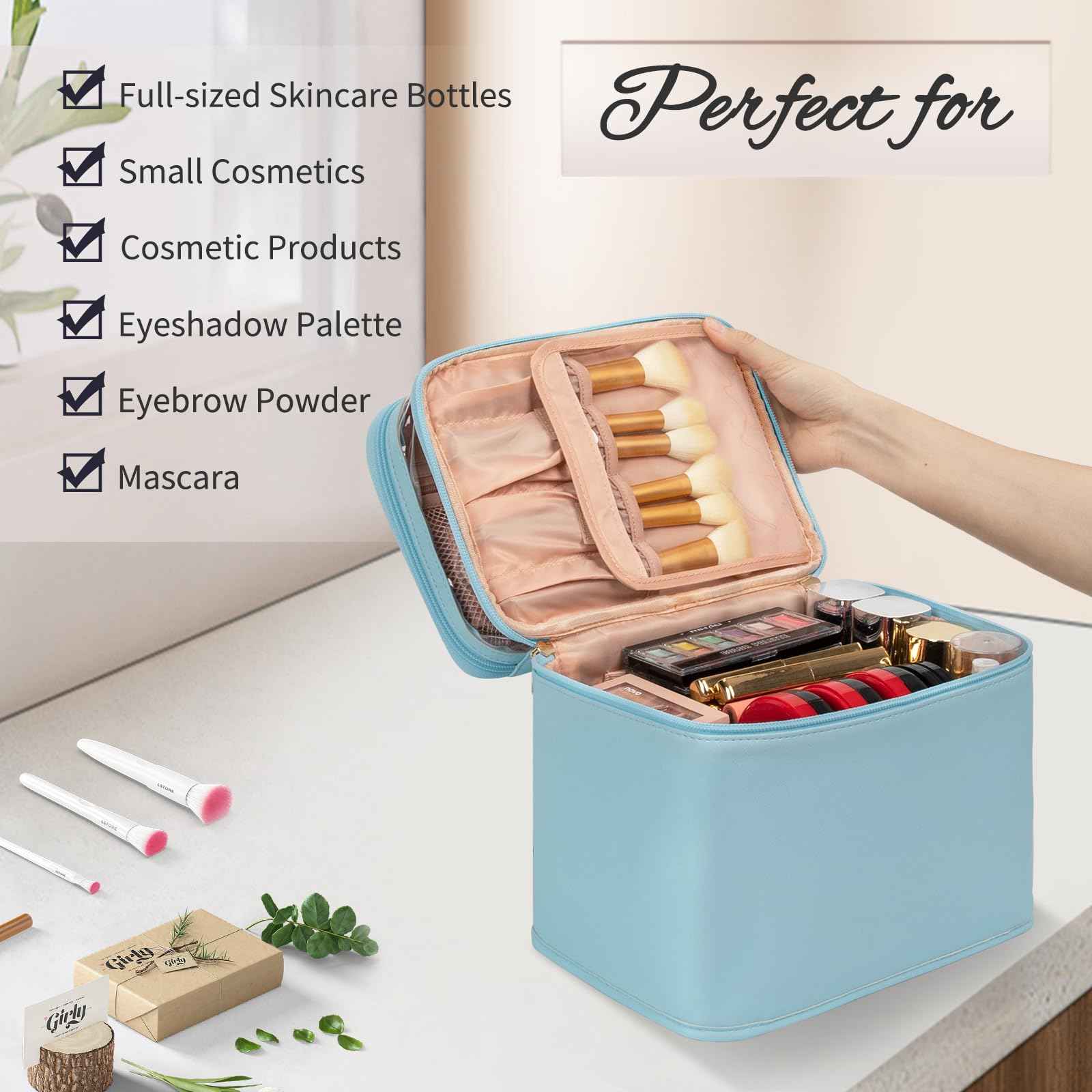 OCHEAL Large Makeup Bag, Double Layer Makeup Bag, Vertical Storage Cosmetic Case for Women/Girls with Multiple Compartments-Blue-xl