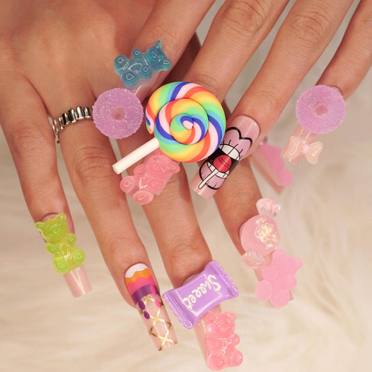 Press on Nails Long Coffin Pink Fake Nails with Lollipop Designs Cartoon 3D Candy Glue on Nails Lovely False Nails Sweet Extra Long Nails for Women 24Pc