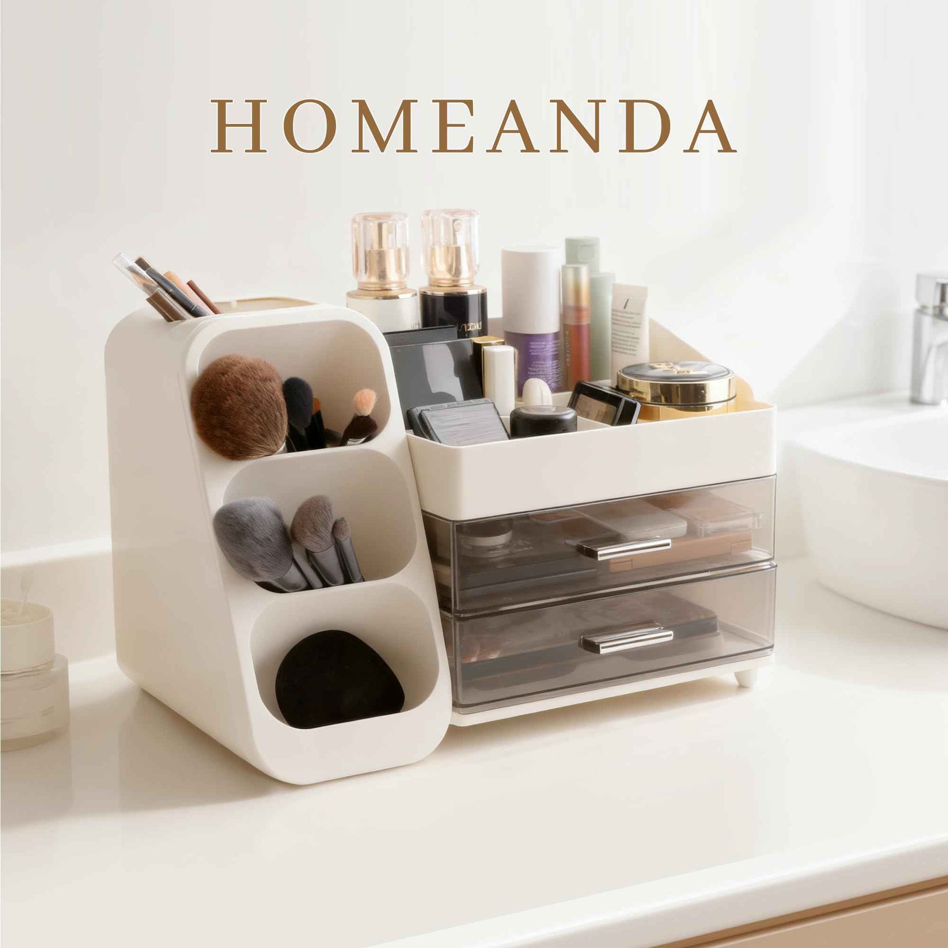Homeanda Makeup Organizer with Drawers – Large Cosmetic Storage Box for Vanity, Bathroom, or Bedroom, Perfect for Skincare, Brushes, Lipstick, Eyeshadow,and Beauty Essentials (White)