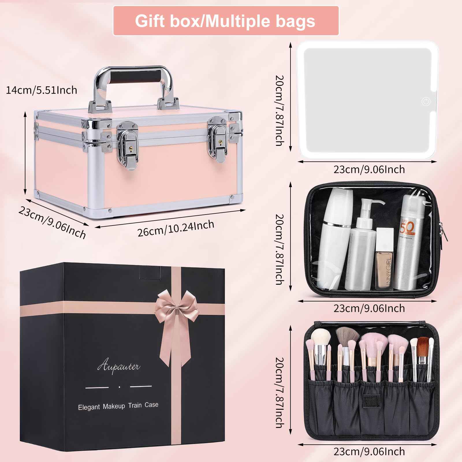 Makeup Box with Led Mirror,Travel Train Hard Case with Rechargeable Lighted Mirror Adjustable Dividers,Cosmetic Organizer Storage Bag for Makeup Artists,Appropriate Gift for Women and Girls,Pink