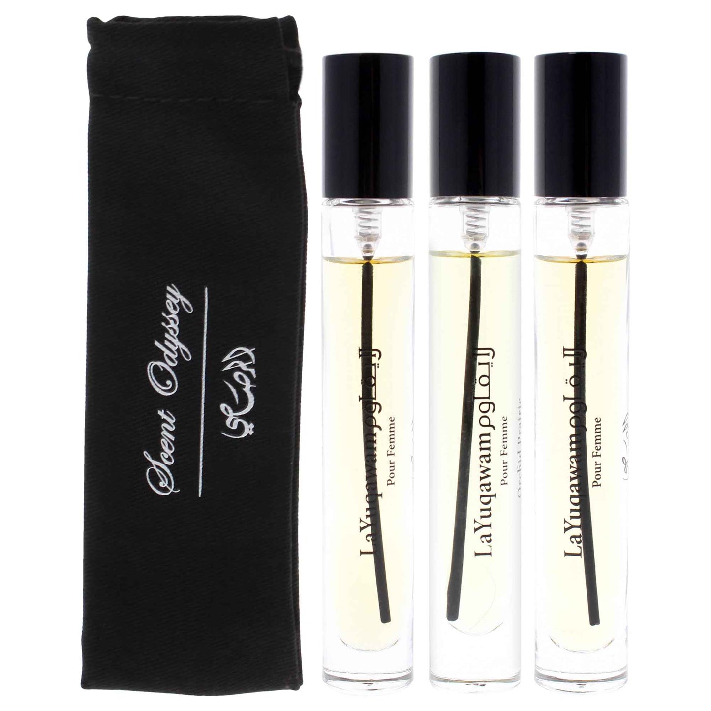 Rasasi Scent Odyssey La Yuqawam for Women | 3-Piece Mini Gift Set | Includes 0.25oz La Yuqawam Pour Femme EDP Spray, | 0.25oz Jasmine Wisp EDP Spray, | 0.25oz Orchid Prairie EDP Spray