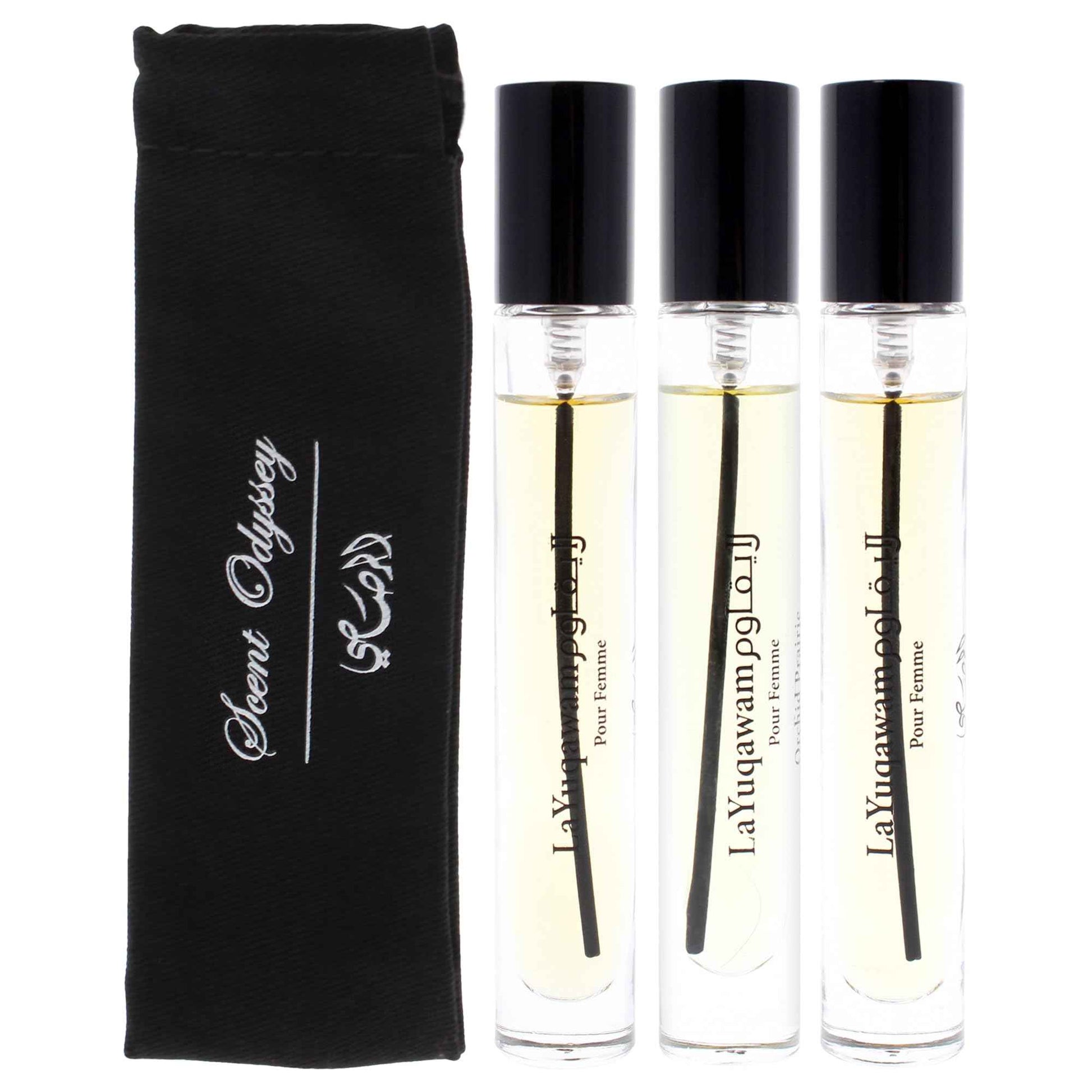 Rasasi Scent Odyssey La Yuqawam for Women | 3-Piece Mini Gift Set | Includes 0.25oz La Yuqawam Pour Femme EDP Spray, | 0.25oz Jasmine Wisp EDP Spray, | 0.25oz Orchid Prairie EDP Spray