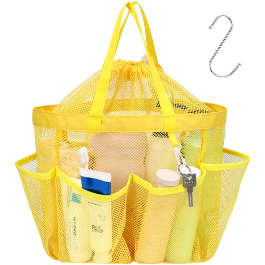 F-color Mesh Shower Caddy Portable with Drawstring - Upgrade Deeper 7 Pockets Dorm Room Essentials for Guys Girls with S Hook, Shower Bag Basket Tote for College Camping Toiletry Bathroom, Yellow