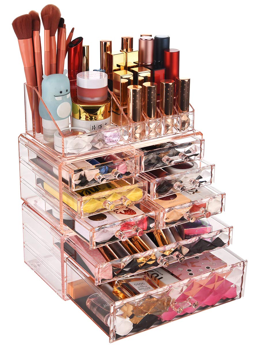 ZHIAI Makeup Organizer Acrylic Cosmetic Storage Drawers and Jewelry Display Box Transparent (Style C(Pink Diamond): 1 Top, 6 Small, 1 Large, 1 XLarge Drawers)