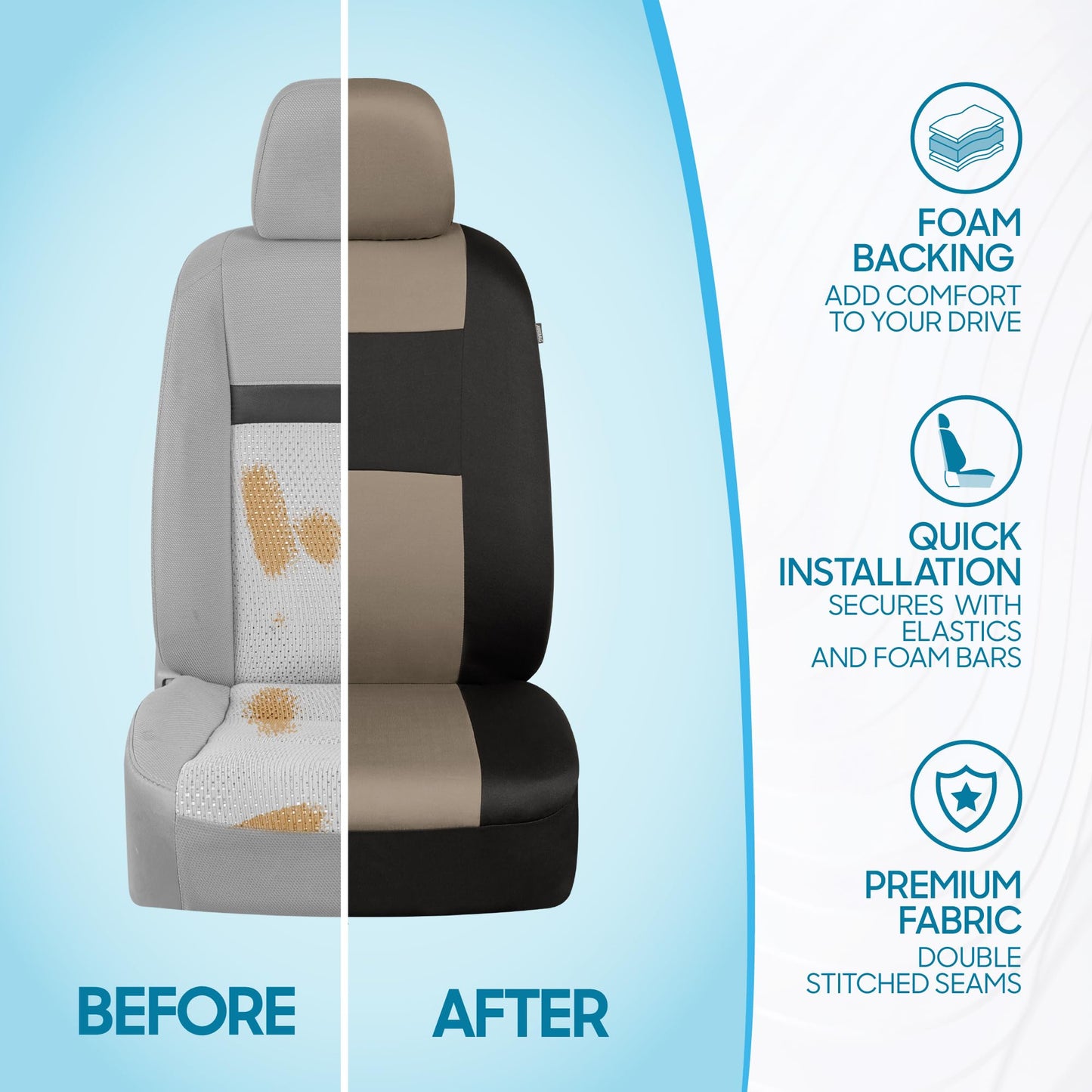 BDK PolyPro Car Seat Covers Full Set in Light Beige on Black, Front and Rear Split Bench Seat Covers for Cars, Easy to Install Car Seat Cover Set, Car Accessories for Auto Trucks Van SUV - Light Beige