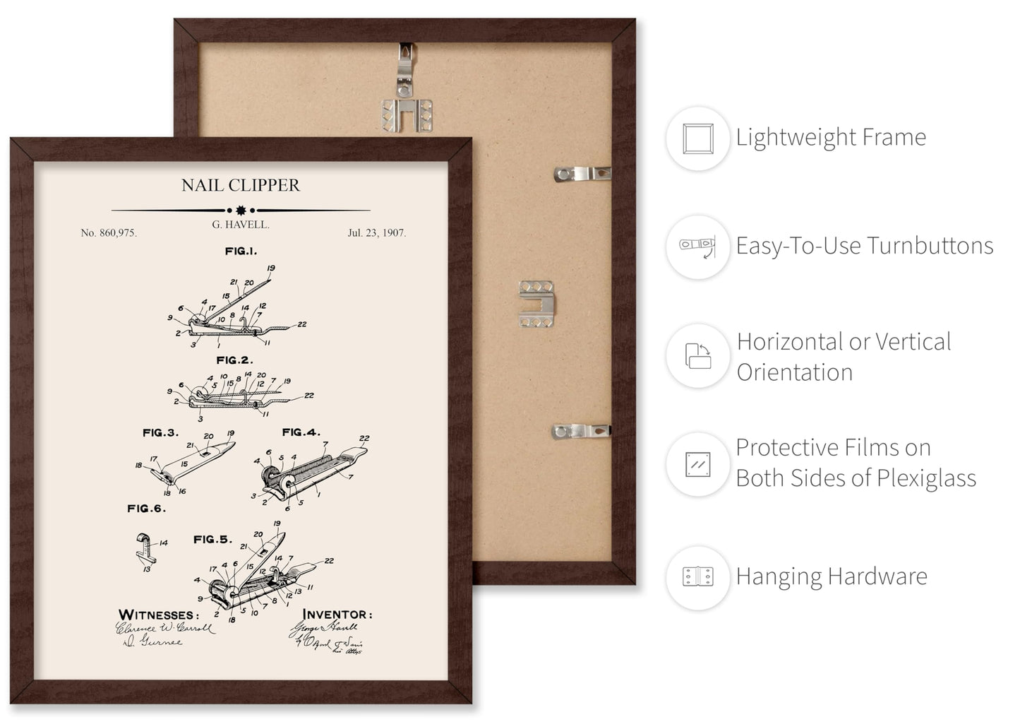 Poster Master 4-Piece Nail Clipper Blueprint Poster - Nail Polish Protector Patent Print - Polish Applicator Art - Dryer Art - Salon Art - Technical Drawing Art - Salon Decor, 8x10 Brown Framed