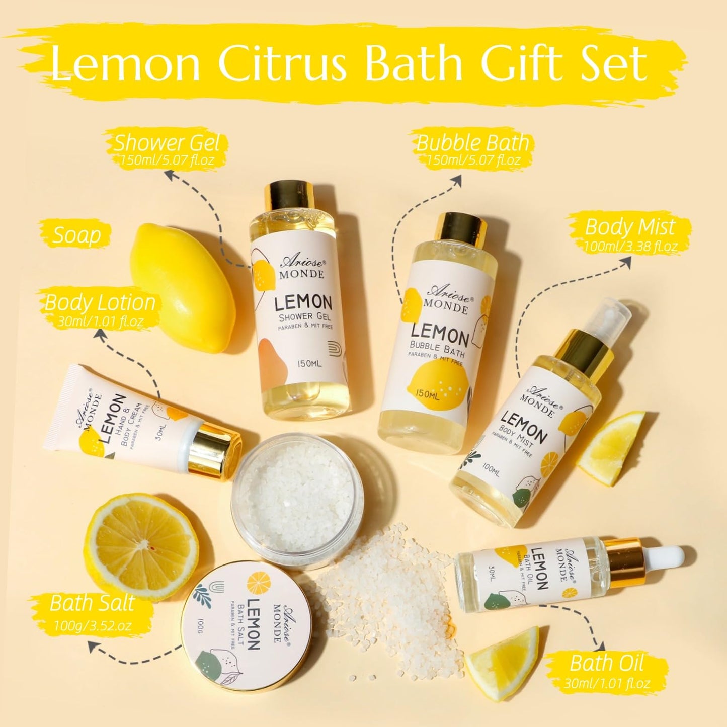 Birthday Gifts Set for Women, Bath Spa Gift Box Set with Shower Gel, Bubble Bath, Body Cream, Bath Soap, Bath Salt, Essential Oil, Bath and Body Gift Box for Women Lemon Scent