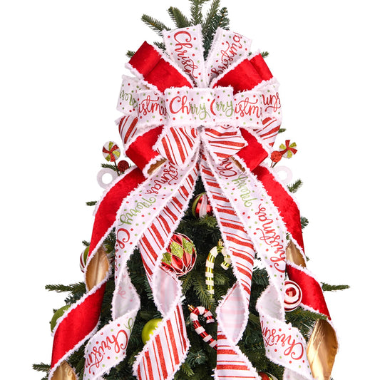 Christmas Tree Topper Bow Christmas Wreath Bow 45x12 Inches Large Burlap with White Red Polyester Edge Gift Bow for Xmas Tree Décor Christmas Home Indoor Outdoor Decoration