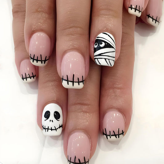 Halloween Press on Nails Short Fake Nails with Skull Designs Square White Full Cover Acrylic Nails Mummy Glue on Patches Nails Cute Halloween Stick on Nails for Women 24 Pcs