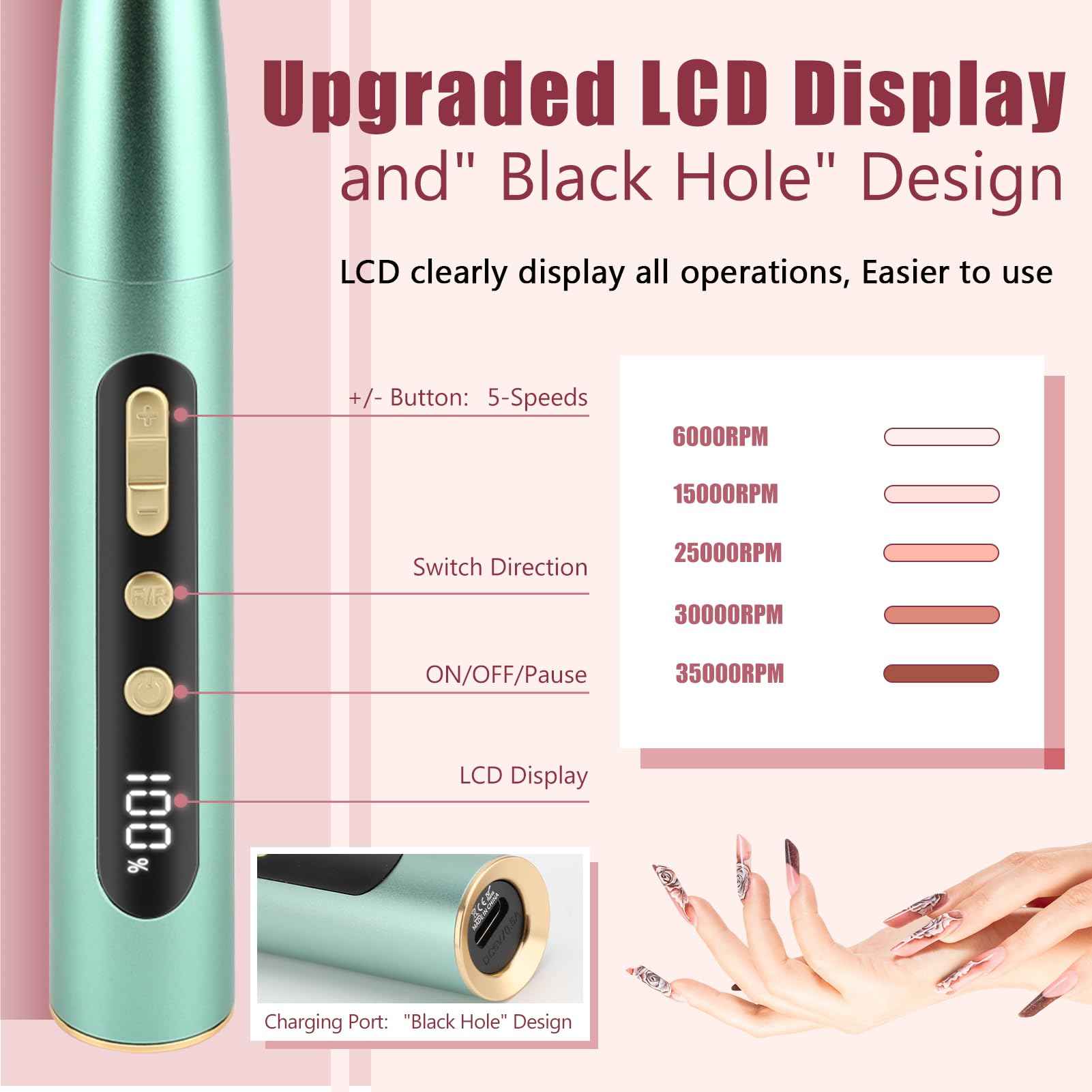 VINGVO Cordless Electric Nails Drill Filer Set, Professional Manicure Pedicure Kit with Bits for Acrylic, Portable Electric Files & Buffers for Toenail Cuticle Hand Foot Care Polish Tool (Green)