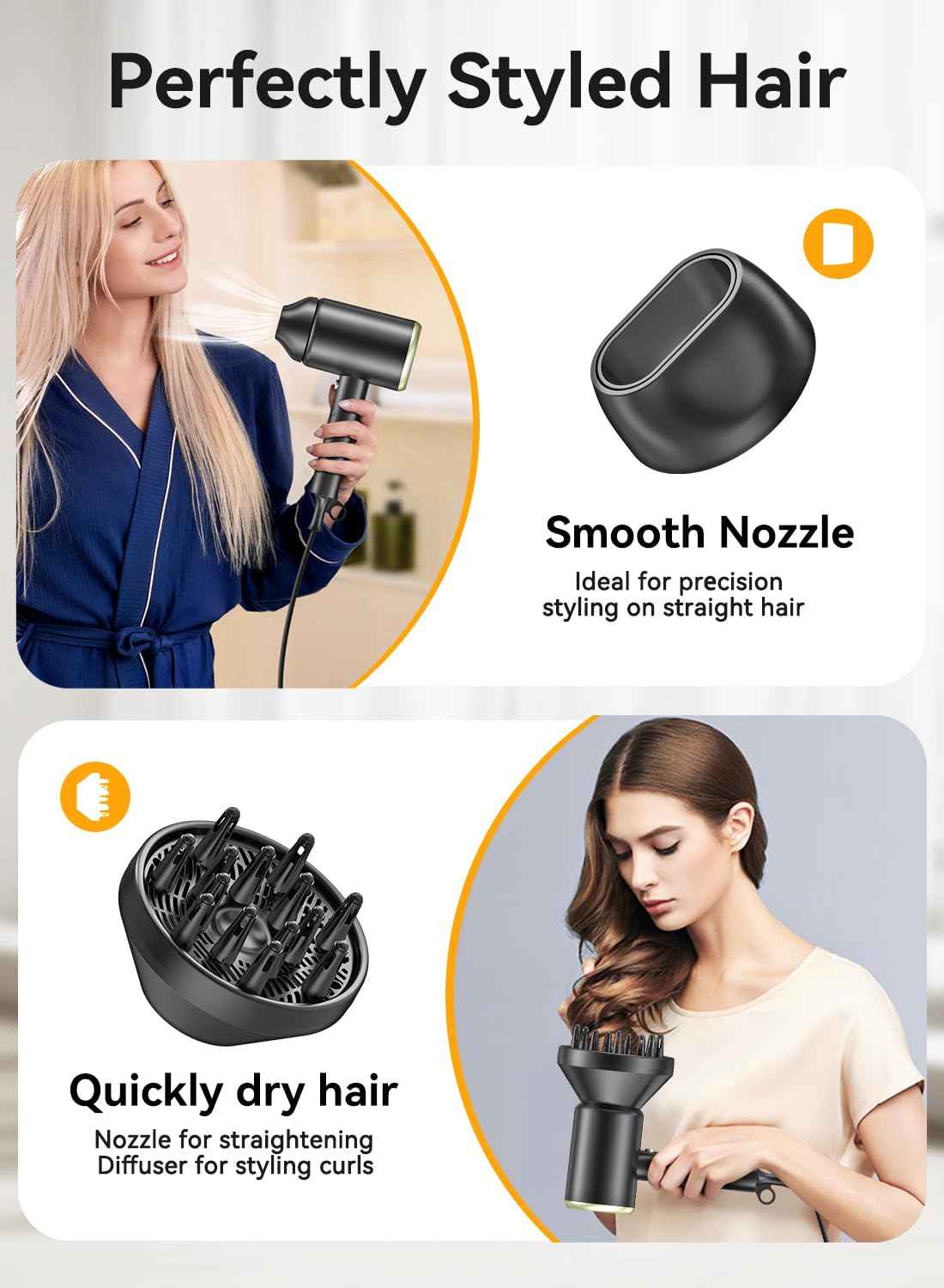 Hair Dryer, 150000RPM Ionic Blow Dryer - Fast Drying, Low Noise, Foldable Portable with Diffuser and Nozzle, Compact Mini for Women and Men, Home and Travel （Black）