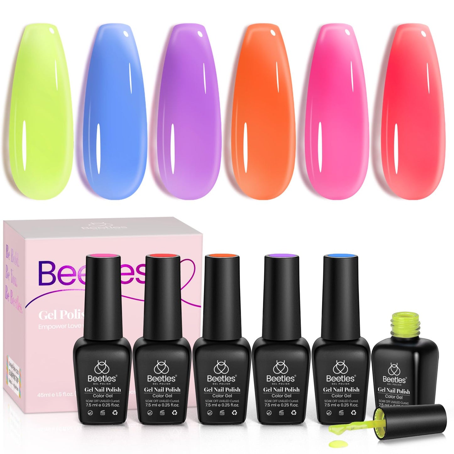 Beetles Jelly Gel Nail Polish, 6 Colors Jelly Tint Neon Gel Polish Translucent Red Hot Pink Purple Bright Blue Yellow Gel Polish Soak Off Uv Led Gel Nail Art Manicure Gift for Girls Women