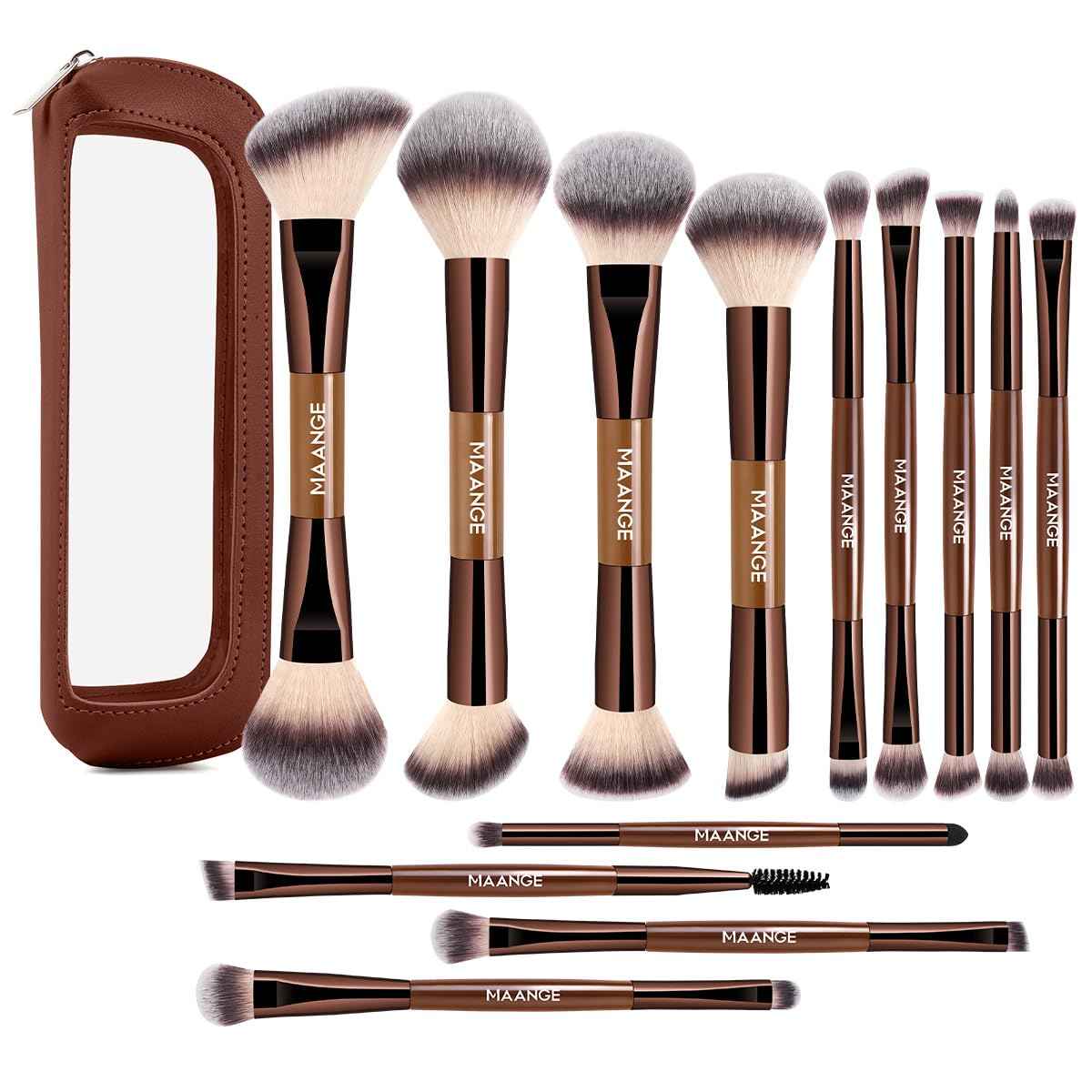 MAANGE 13 Pcs Foundation Makeup Brush Set With Bag, Make up Brushes, Double-End Multi Functional Makeup Brushes, Professional Face Brush Set Tools For Liquid Powder Concealer Cream Blush (Coffee)