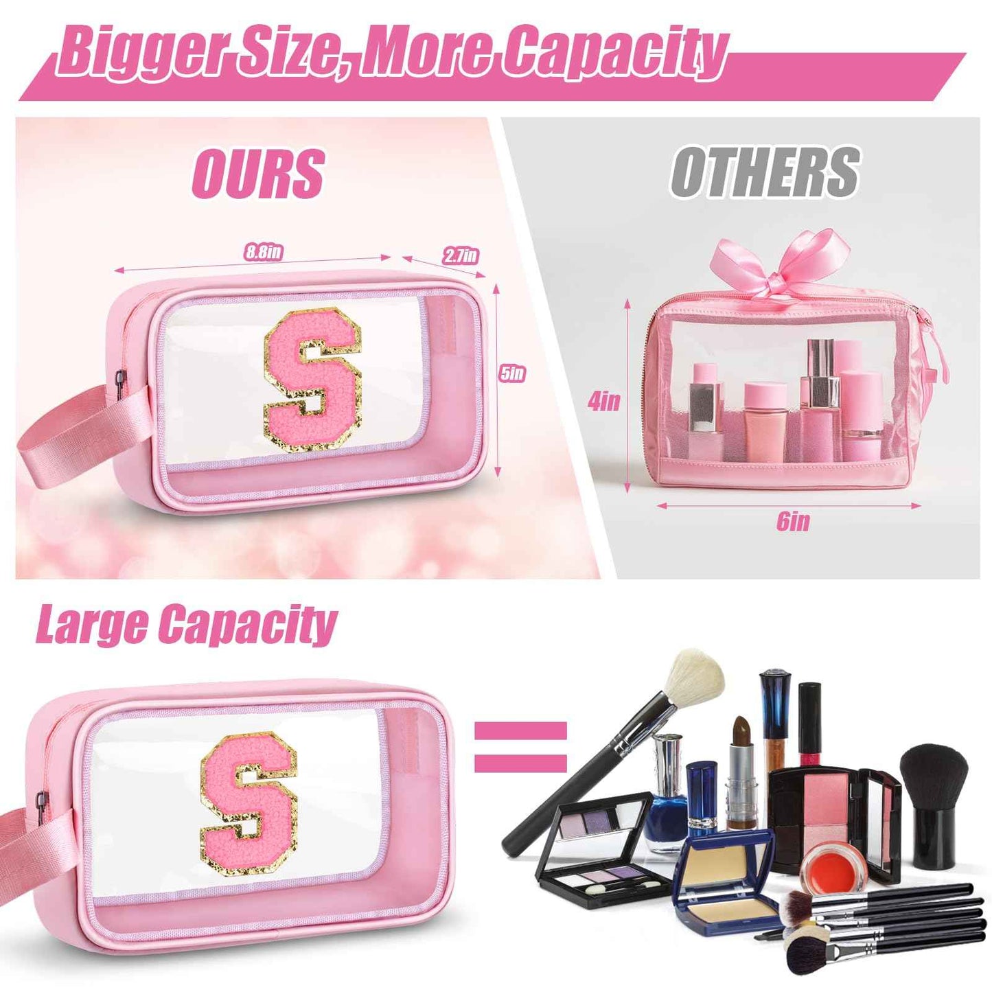 Vodolo Initial Makeup Bag,Letter S Cute Clear Monogrammed Cosmetic Travel Bag for Womens Girls,Personalized Pink Aesthetic Traveling Make Up Organizer Bag for Beach,Waterproof Toiletry Bag