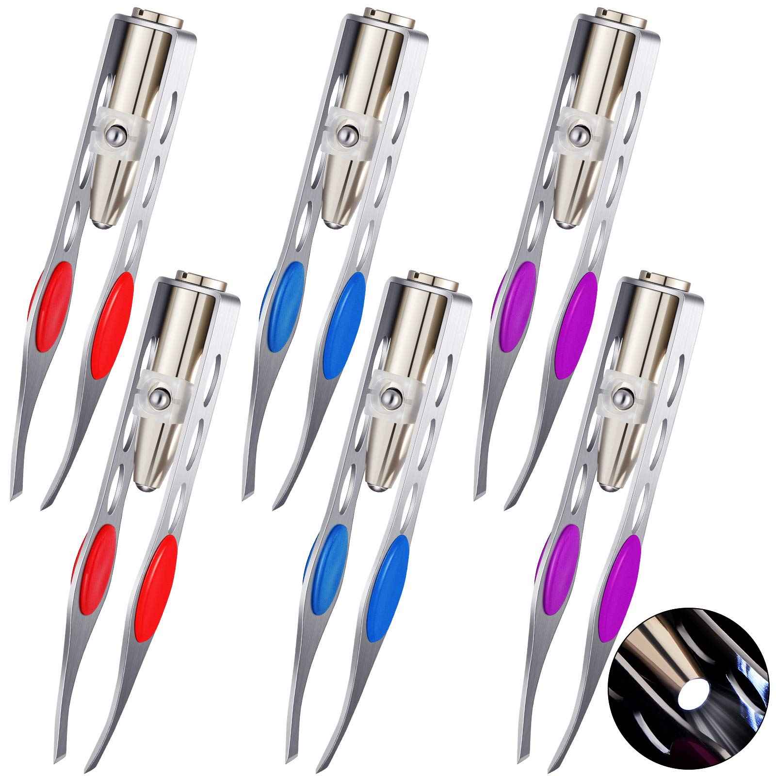 Tatuo 6 Pcs Light Stainless Steel Tweezers with LED, Makeup Eyelash Eyebrow Hair Removal Illuminating Lighted Tweezers for Precision Men Women(Red, Purple, Dark Blue)