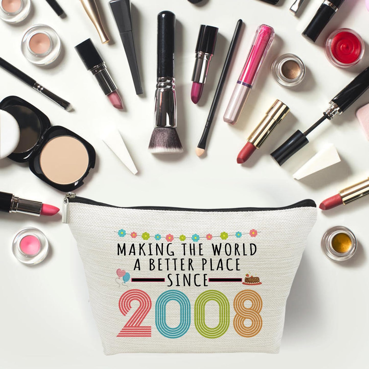 16th Birthday Gifts for Girls, Funny 16 Year Old Gift Makeup Bag, 2008 16th Birthday Makeup Bags for Her, Teens, Sister, Daughter, Niece, Granddaughter, Making The World a Better Place Since 2008