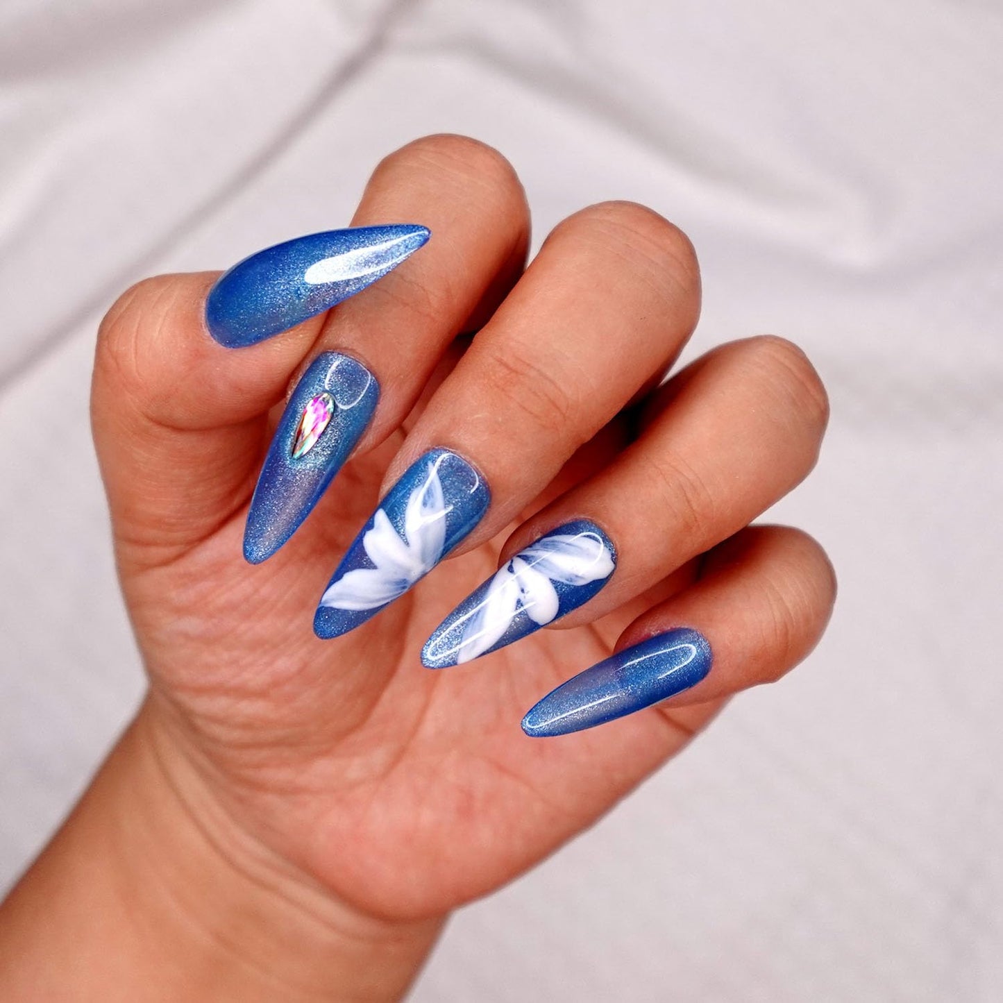 10 Pcs Handmade Press on Nails (X-Small, White Petal - Jelly Shimmer Blue with Hand Paint Artsy White Petal Butterfly and Holo Rhinestone Nail Tips/Stiletto) A113XS