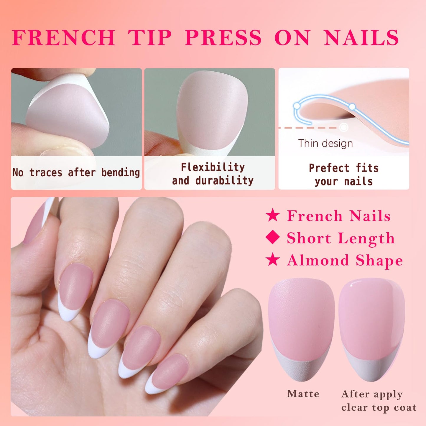 AddFavor French Tip Press on Nails Short Almond Fake Nails, 240pcs White French Nails Press on Almond Matte Pale Pink Acrylic Nails with Adhesive Tabs for Women