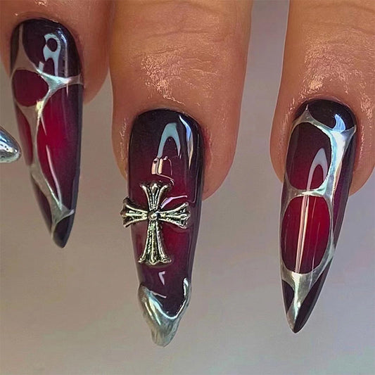 Y2K Press on Nails Long Stiletto Fake Nails with French Designs Ombre Red Black Silver Full Cover Acrylic Artificial Red False Nails Black Medium Glue on Nails for Women and Girls 24Pcs