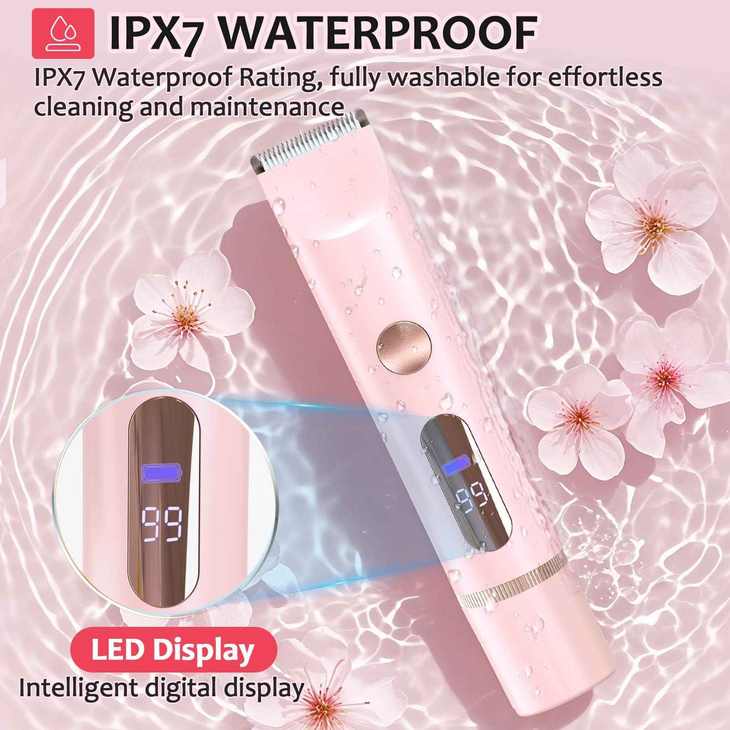 Bikini Trimmer for Women, 2 in 1 Dermave Bikini Shaver with LED Display, Electric Razors for Women, IPX7 Waterproof Wet Dry Use Body Hair Trimmer for Ladies Pubic, Legs, Face, Underarms (Pink)
