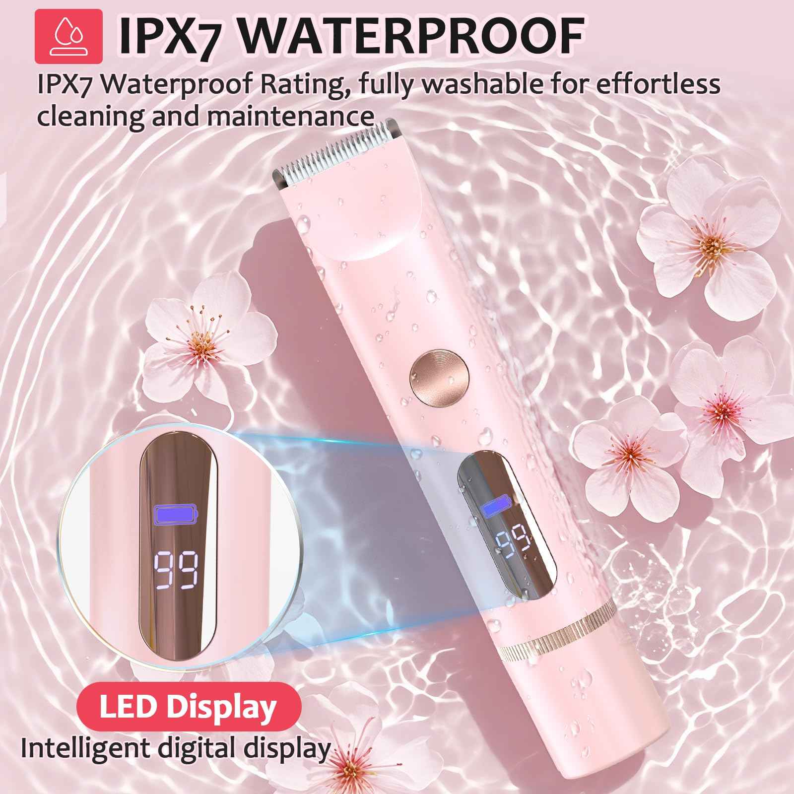 Bikini Trimmer for Women, 2 in 1 Dermave Bikini Shaver with LED Display, Electric Razors for Women, IPX7 Waterproof Wet Dry Use Body Hair Trimmer for Ladies Pubic, Legs, Face, Underarms (Pink)
