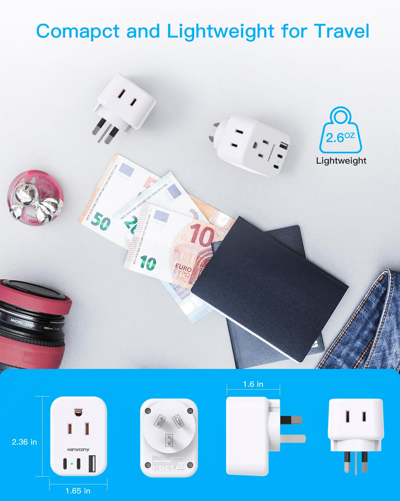 US to Australia New Zealand Power Plug Adapter, Australia Travel Adapter with 2 Outlets 3 USB Ports(2 USB C), Type I Plug Adapter for USA to Australian AU China Argentina Fiji, 2 Pack