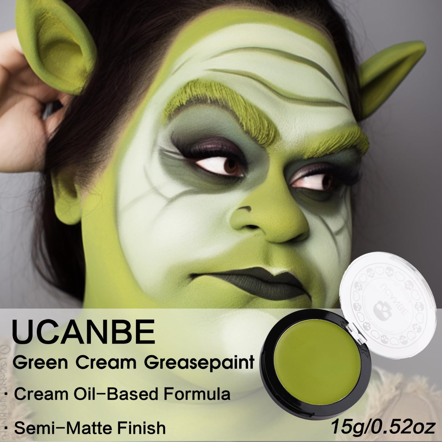 UCANBE Ogre Green Face Body Paint Makeup Foundation, Professional Cream Greasepaint, Non-Toxic Face Painting Kit for Halloween SFX Cosplay, Joker Zombie Witch Monster Costume & Stage Makeup