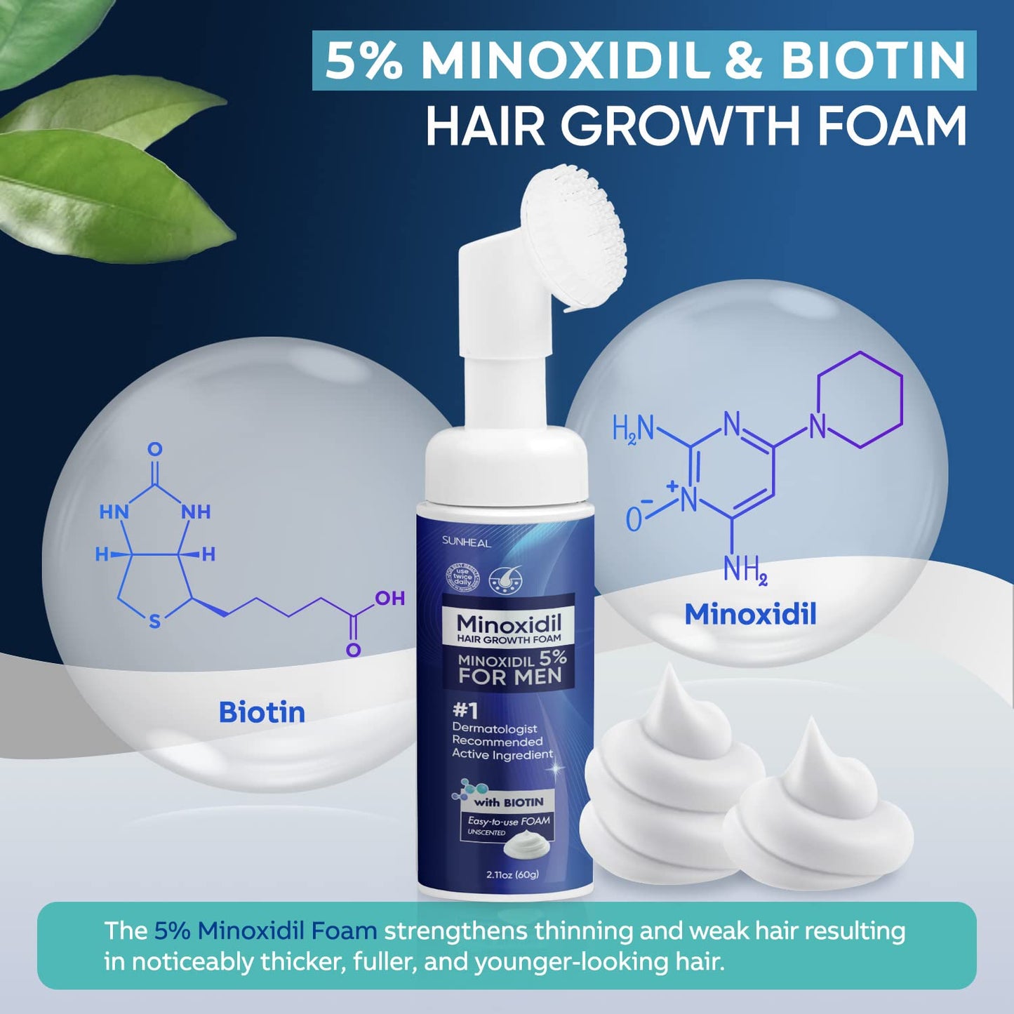 5% Minoxidil Foam for Men with Brush Minoxidil Hair Regrowth Treatment for Men Minoxidil & Biotin Helps Restore Thinning Hair & Reduce Hair Loss Treatments for Men 60g 1-Month supply