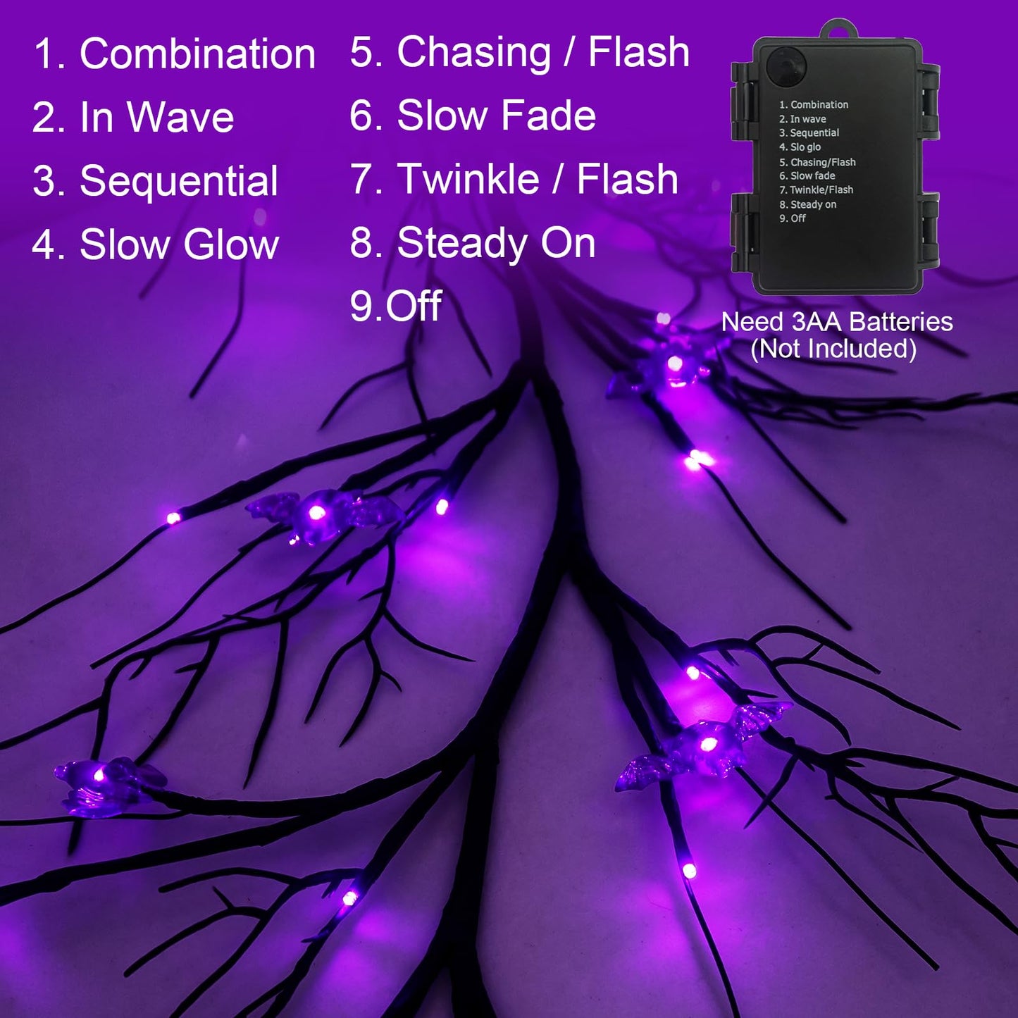 [Timer & 8 Modes] Krissing 6Ft 57 LED Halloween Willow Vine Twig Halloween Garland with 19 Bats Purple Lights Waterproof Battery Operated Halloween Lights Home Indoor Wall Fireplace Mantle Decor