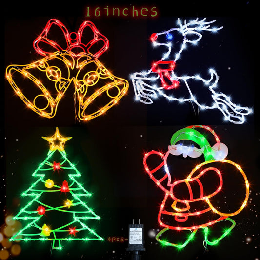 Christmas Decorations - 16" Christmas Window Silhouette Lights Decorations - 4 Pack Colour Lighted Christmas Tree ＆ Reindeer ＆ Bell ＆ Santa for Holiday Indoor and Outdoor Wall Door Window Decorate