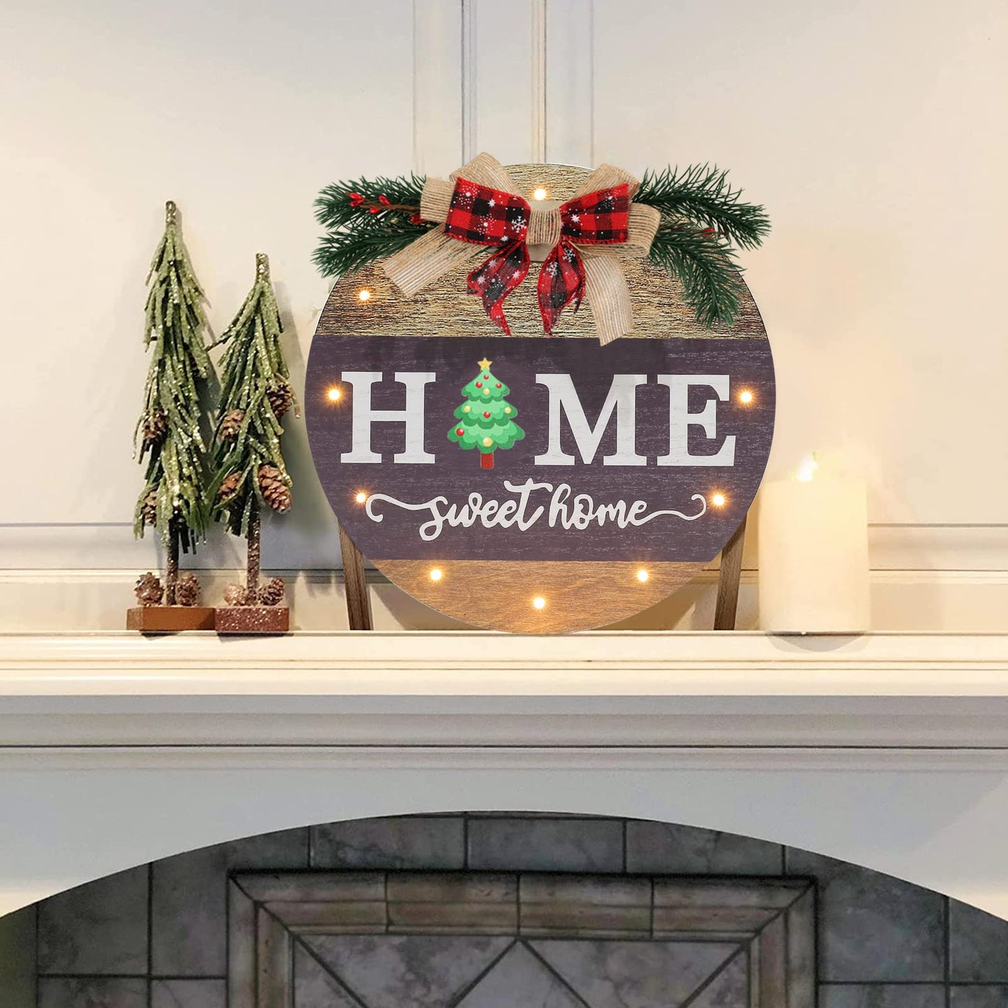 Interchangeable Seasonal Welcome Sign Front Door Decoration with 4 Seasonal Wreaths and LED Light, Rustic Round Wood Wreaths Wall Hanging Outdoor, Farmhouse Front Door Decoration Home Décor