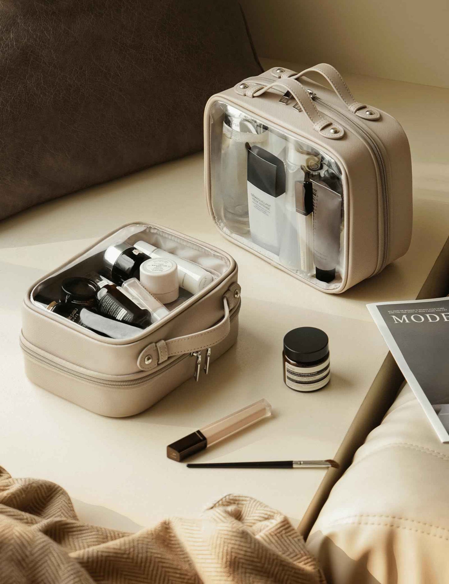 Oaque Clear Cosmetic Bag Double Layer Travel Toiletry Bag Clear Makeup Bag Case with 4 Compartments, Transparent Travel Bag for Toiletries, Large Toiletry Bag for Women Cosmetic Case (Taupe, Large)