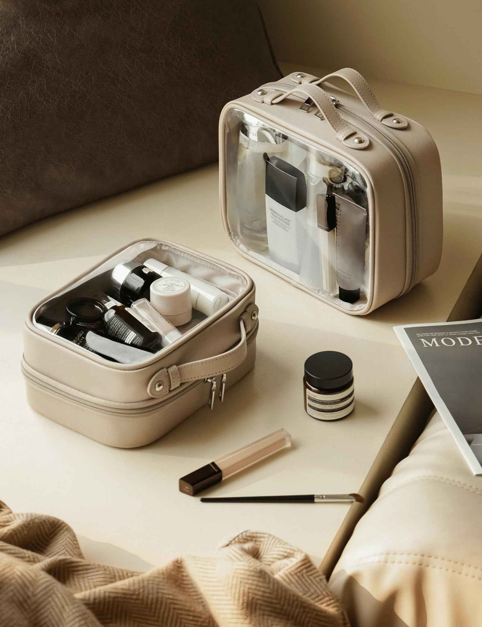 Oaque Clear Cosmetic Bag Double Layer Travel Toiletry Bag Clear Makeup Bag Case with 4 Compartments, Transparent Travel Bag for Toiletries, Large Toiletry Bag for Women Cosmetic Case (Taupe, Large)