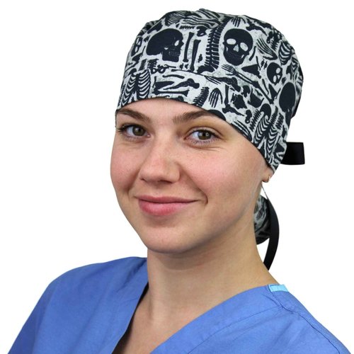 CALOMED Scrub Cap for Women and Men, Ponytail Scrub Caps, Working Hat, Head Cover with Ribbon Ties and Buttons, Long Hair (Vintage Skeleton)