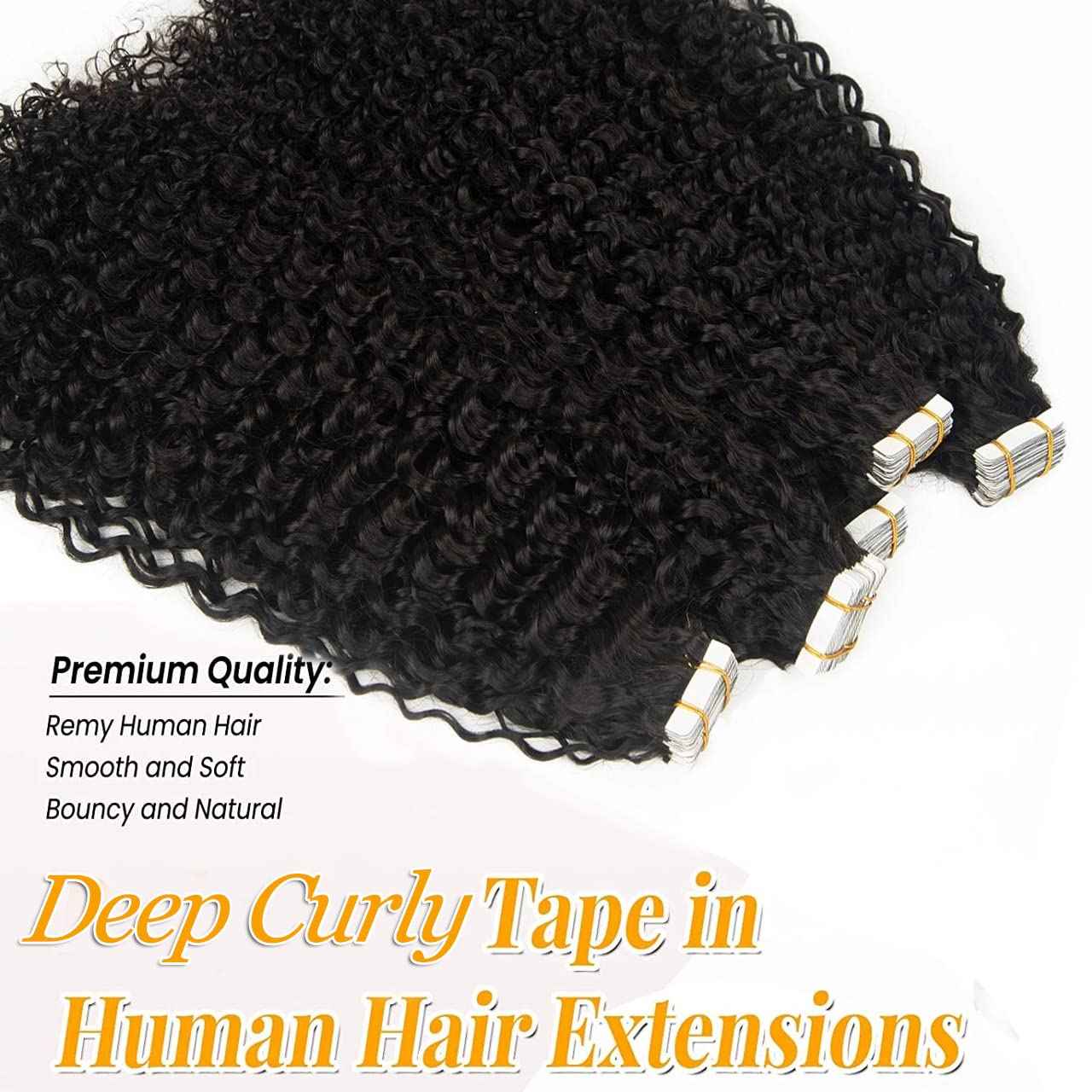 Afro Curly Tape in Hair Extensions Human Hair 18 Inch Seamless Skin Weft PU Tape Ins Remy Hair Tape ins Deep Curly Wave Tapes in Extensions for Short Hair 20pcs/Pack 50G 3-4 Packs for Full Head