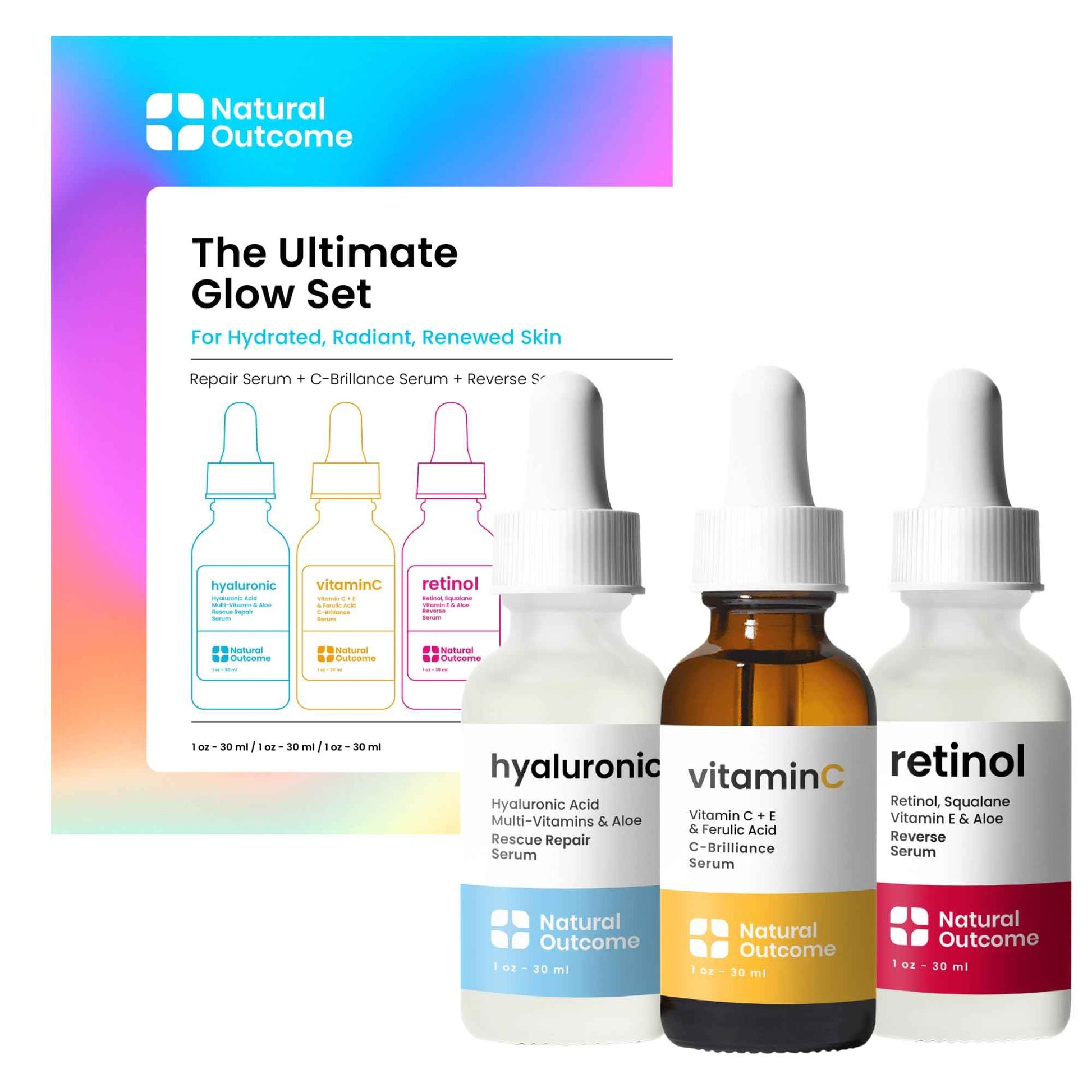 Natural Outcome Hyaluronic Acid, Vitamin C Face Serum and Retinol Facial Serum - Night and Day Anti Aging Facial Serum and Hydrating Serum Set 1 oz Each, Vegan, Cruelty Free & Fragrance Free