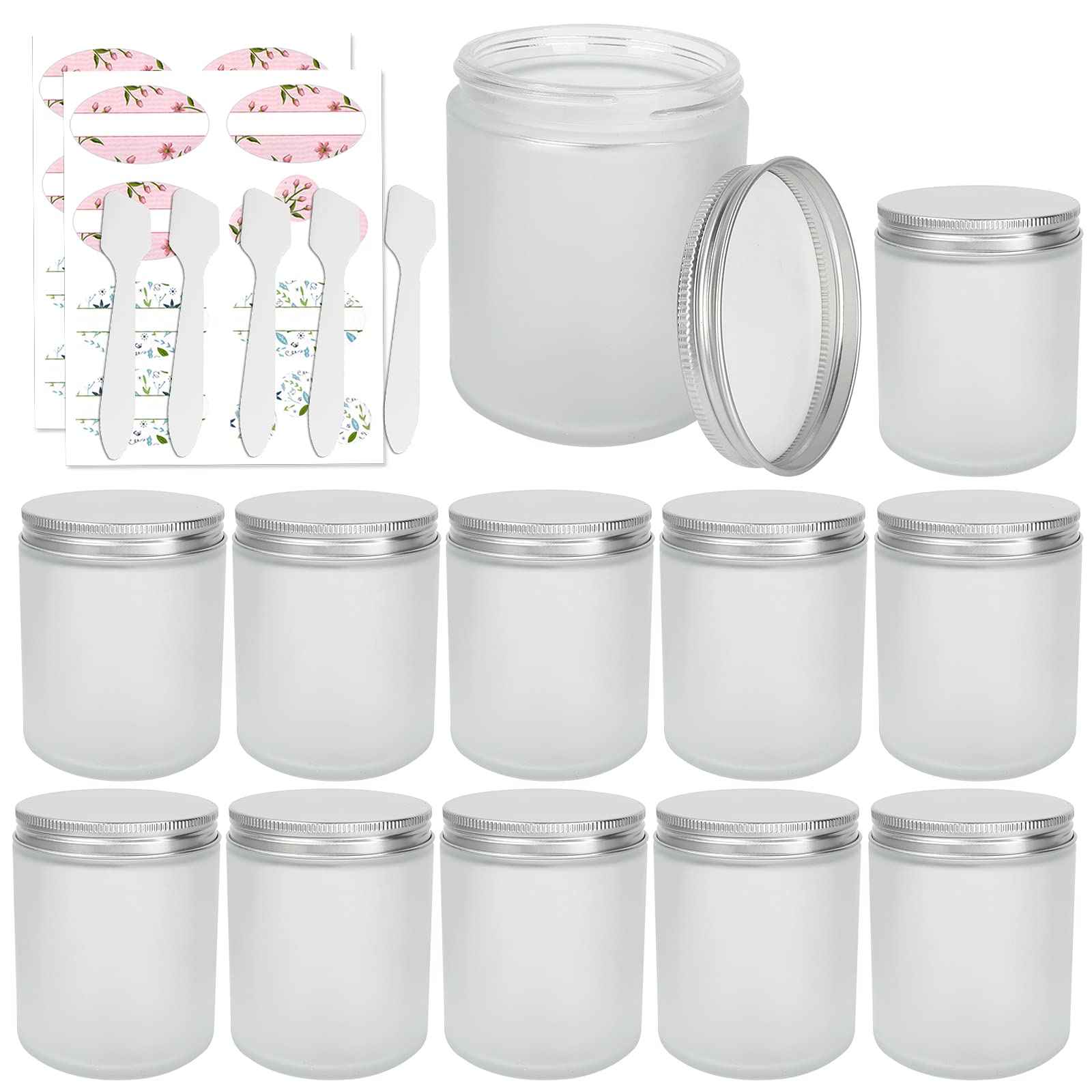 12 Pack 8 oz Round Frosted Glass Jars with Silver Metal Lids, 240ml Matte Clear Empty Candle Jars Cosmetic Jars Food Storage Containers, Canning Jars For Spice,Powder,Liquid,Sample,Face Cream Lotion