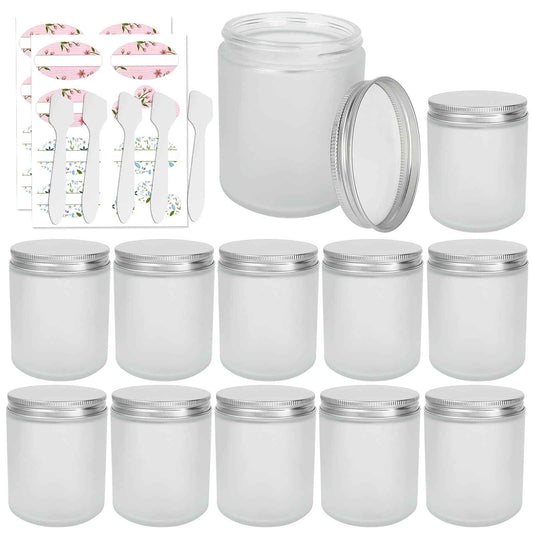 12 Pack 8 oz Round Frosted Glass Jars with Silver Metal Lids, 240ml Matte Clear Empty Candle Jars Cosmetic Jars Food Storage Containers, Canning Jars For Spice,Powder,Liquid,Sample,Face Cream Lotion