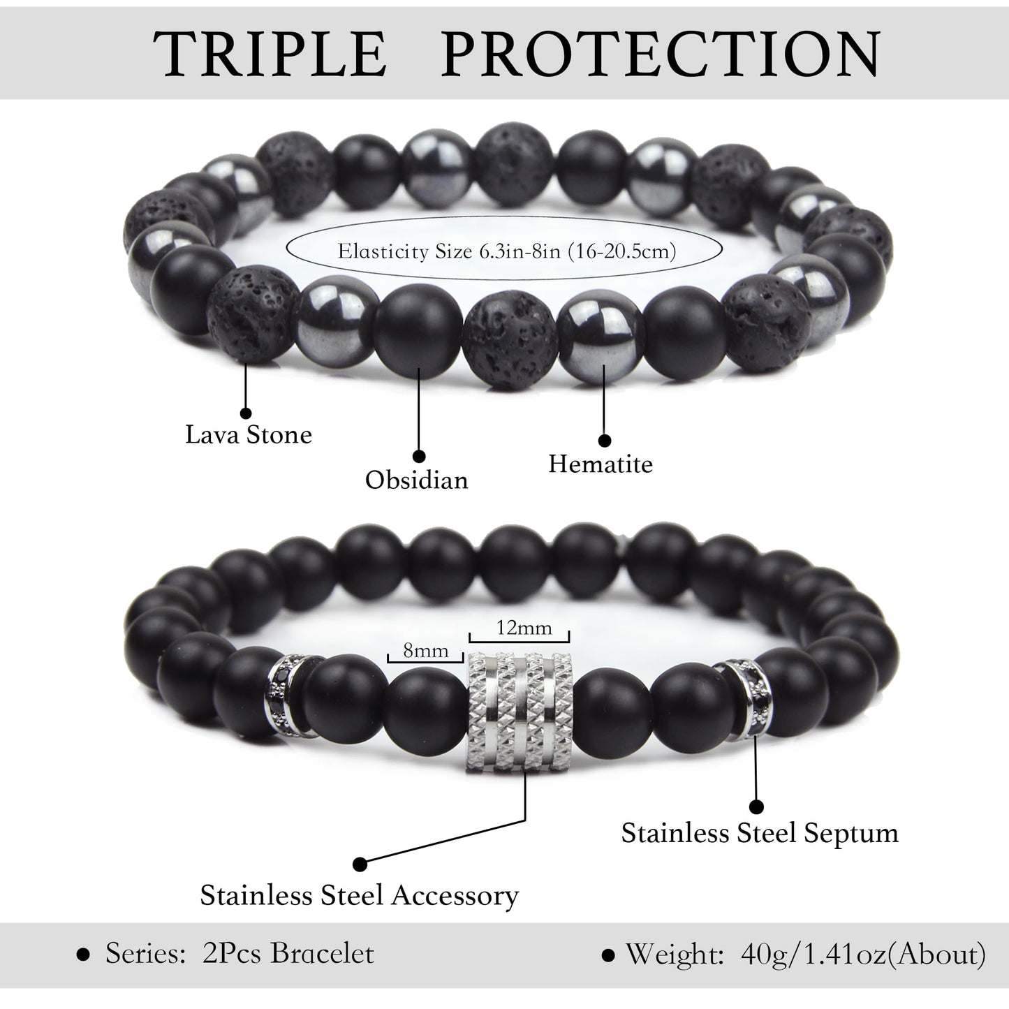 Black Obsidian Bracelet - Stainless Steel Bracelet - Tourmaline Beaded Bracelets, 8MM Black Onyx Hematite Lava Stone Beads Triple Protection Bracelet for Men Women Gifts