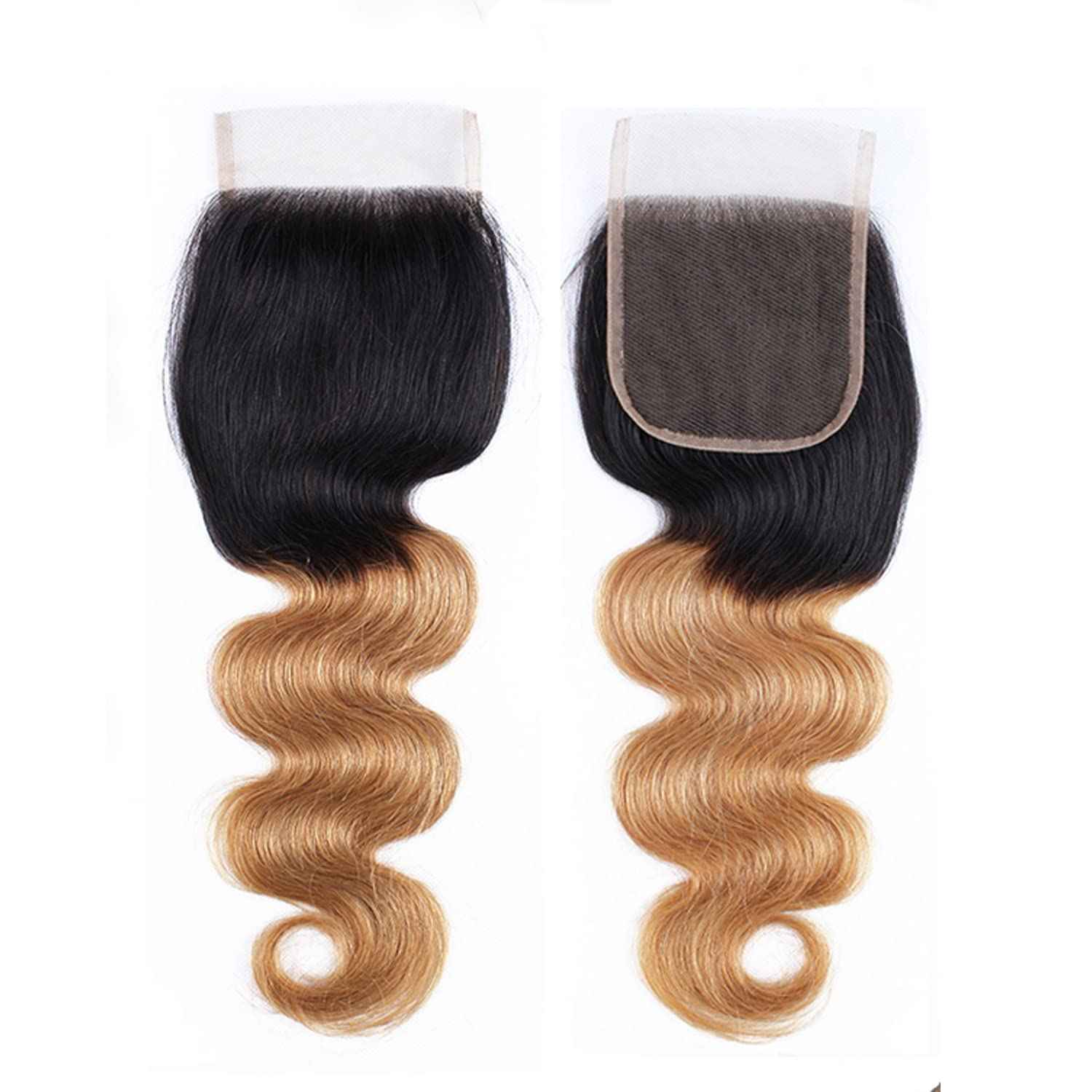 KAFEIER 1B27 Lace Front Body Wave Closure - 4X4 Preplucked Brazilian Human Hair Extensions With Bleached Knots - Ombre Wet and Wavy for Women - 18 Inch