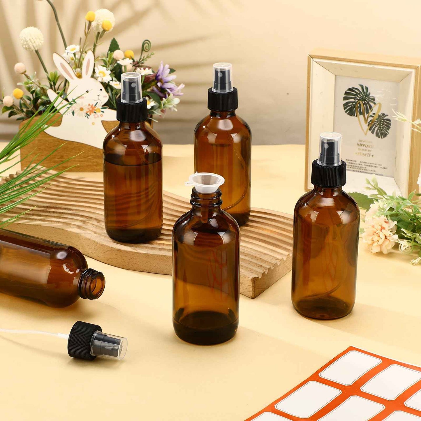Norme 12 Pcs 8 oz Glass Spray Bottles with Funnels and Labels Refillable Cosmetic Empty Spray Bottles with Sprayer Containers for Essential Oil Cleaning Solutions(Amber,Stylish)