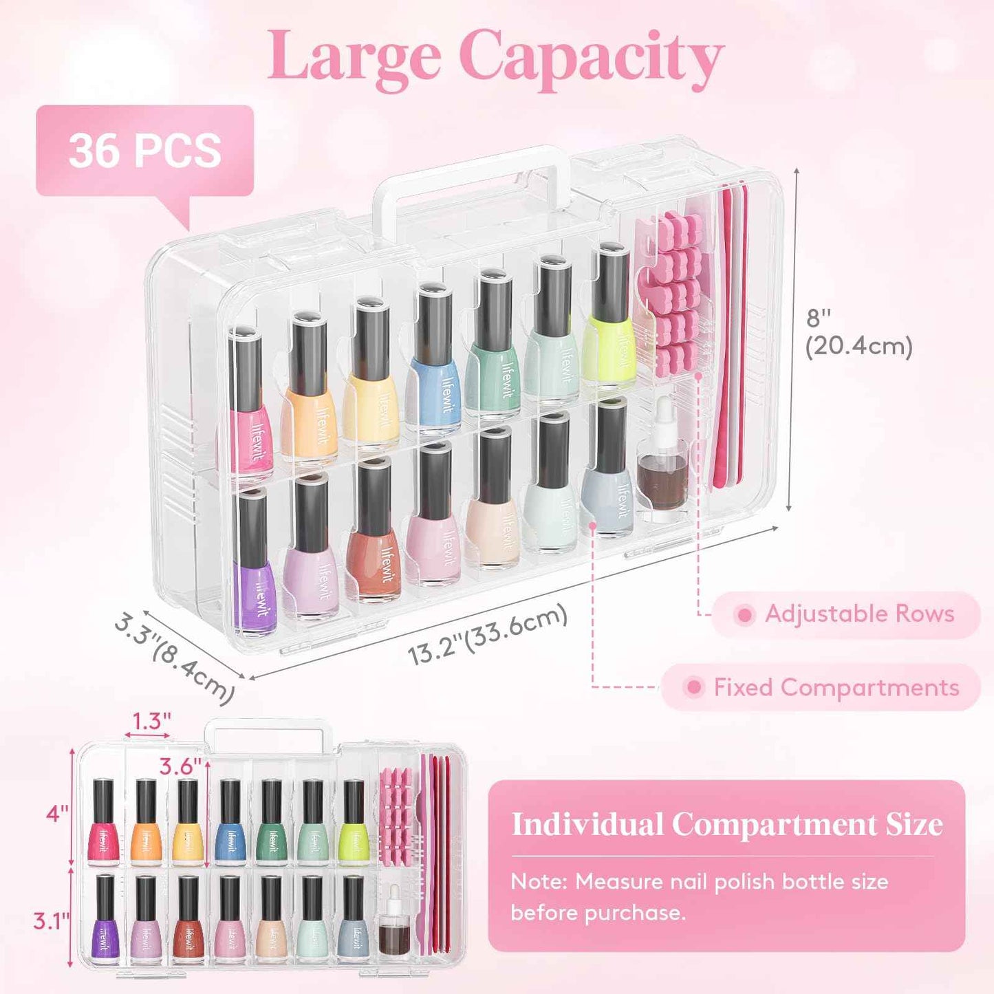 Lifewit Nail Polish Organizer Case for 36 Bottles with 8 Adjustable Sections, Portable Sturdy Gel Nail Polish Storage Holder with 4 Nail Separators, Space Saver for Display Travel, 2 Pack, Clear