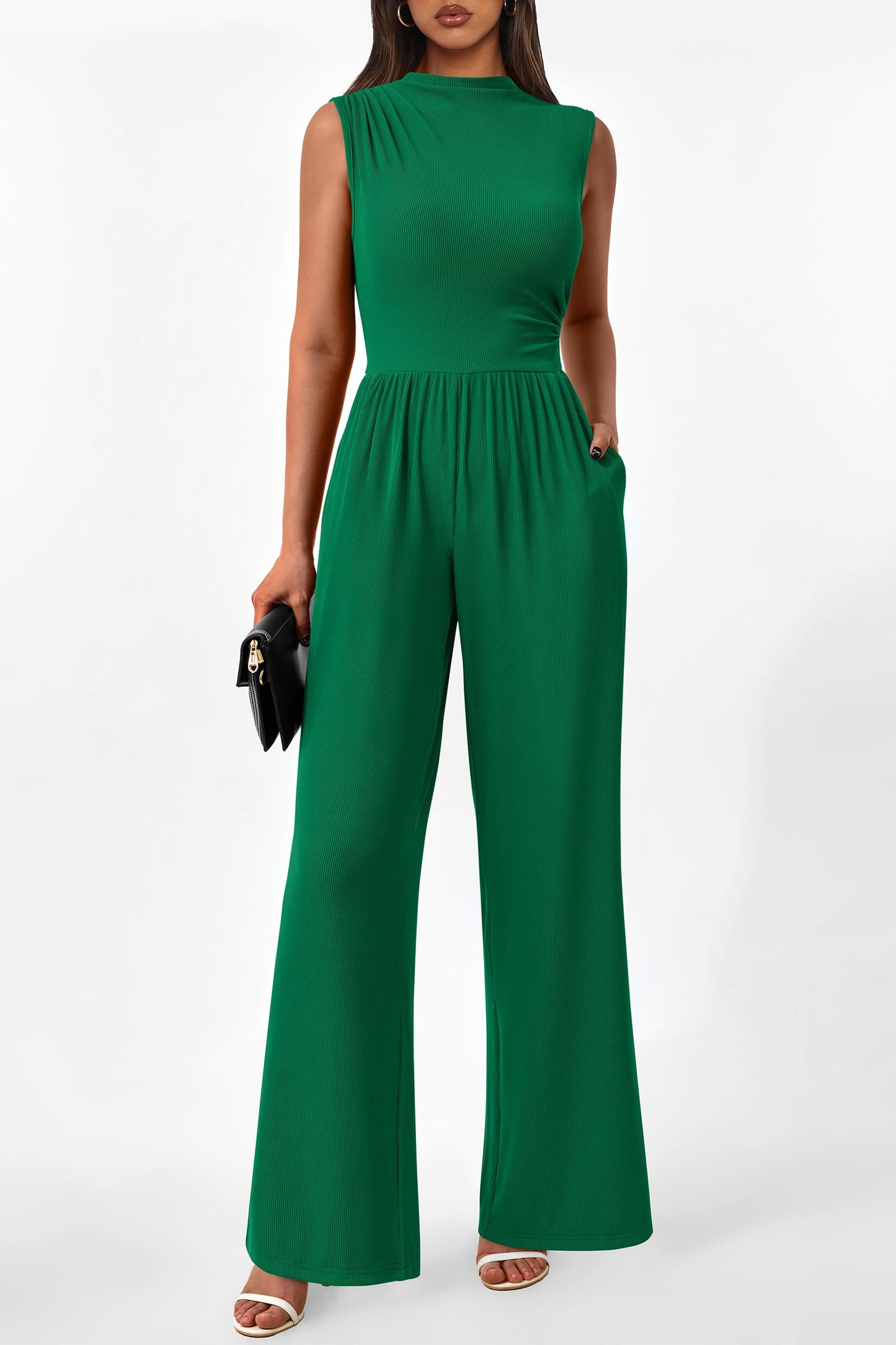 PRETTYGARDEN Womens Summer Jumpsuits Dressy Casual One Piece Outfits Sleeveless Mock Neck Wide Leg Pants Rompers with Pockets (Style2-Green,Small)