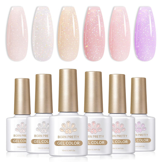 Born Pretty Jelly Nude Pink Gel Nail Polish Glitter Gel Polish Milky Sheer Shimmer Iridescent Holographic Gel Nail Polish Crystal Transparent Translucent Natural Gel Polish