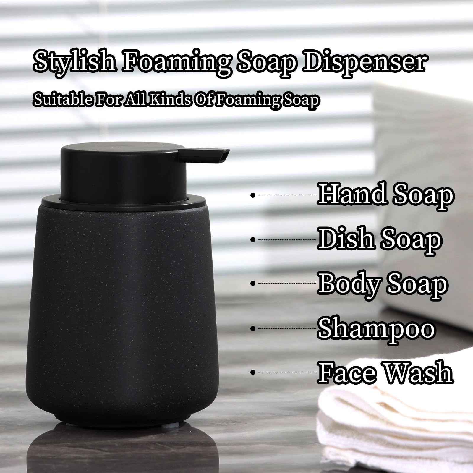 Haocoott Foaming Soap Dispenser Pump 12OZ, Refillable Foam Hand Dish Soap Dispenser Bottle Jar for Bathroom Kitchen Sink Countertop Home Decor - Black