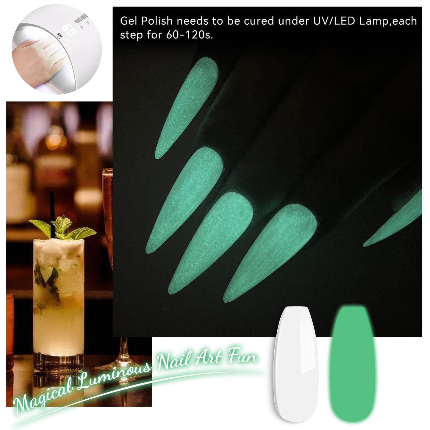 YTD Likomey Glow in the Dark Gel Nail Polish,15ml White Green Luminous Glow Effect UV Nails Gel,Fluorescent Bright Neon Shiny Salon Home DIY UV Manicure Nail Art Varnish,YG379